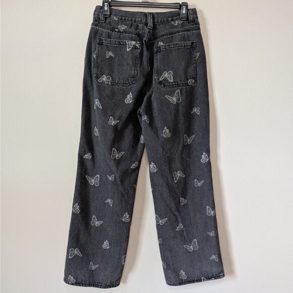 Simple Society Charcoal Gray High Waist Butterfly Print Y2K Style Straight Jeans - Picture 4 of 9